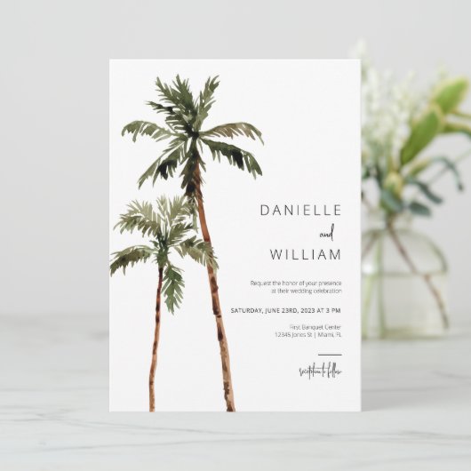 Tropical Palm Tree Hochzeit in Urlaubsort Einladun Einladung (Stehend Vorderseite)