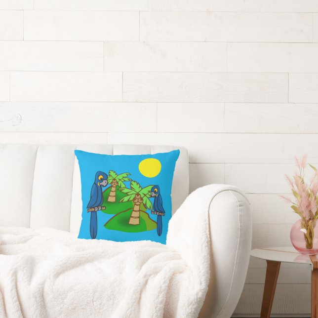 Tropical Palm Tree Hyacinth Macaw Art Throw Pillow Kissen (Liege)