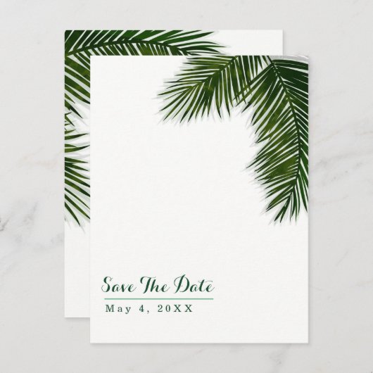 Tropical Palm Tree Leaf Hochzeit speichern Sie das Ankündigungspostkarte (Vorne/Hinten)