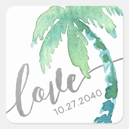 Tropical Palm Tree Liebe Grün Silver Quadratischer Aufkleber (Vorderseite)