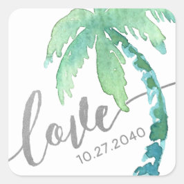 Tropical Palm Tree Liebe Grün Silver Quadratischer Aufkleber
