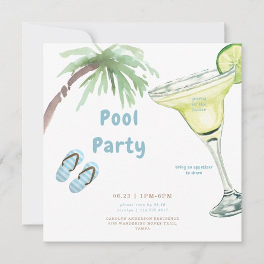 Tropical Palm Tree Margarita Pool Party Einladung (Vorderseite)