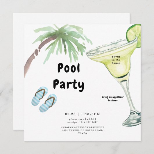Tropical Palm Tree Margarita White Pool Party Einladung (Vorne/Hinten)