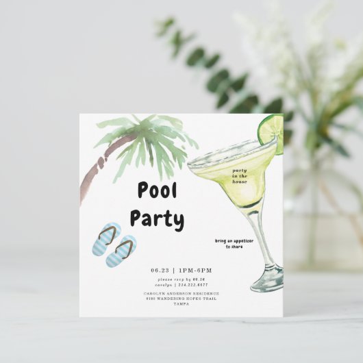 Tropical Palm Tree Margarita White Pool Party Einladung (Stehend Vorderseite)