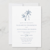 Tropical Palm Tree Monogram Beach Blue Wedding Einladung (Vorderseite)