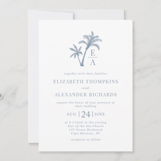 Tropical Palm Tree Monogram Beach Blue Wedding Einladung (Vorderseite)