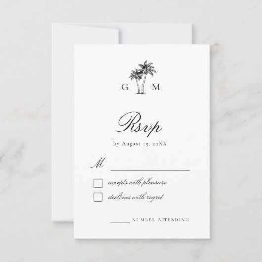 Tropical Palm Tree Monogram Destination Wedding RSVP Karte (Vorderseite)