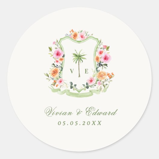 Tropical Palm Tree Monogram Summer Beach Wedding Runder Aufkleber (Vorderseite)