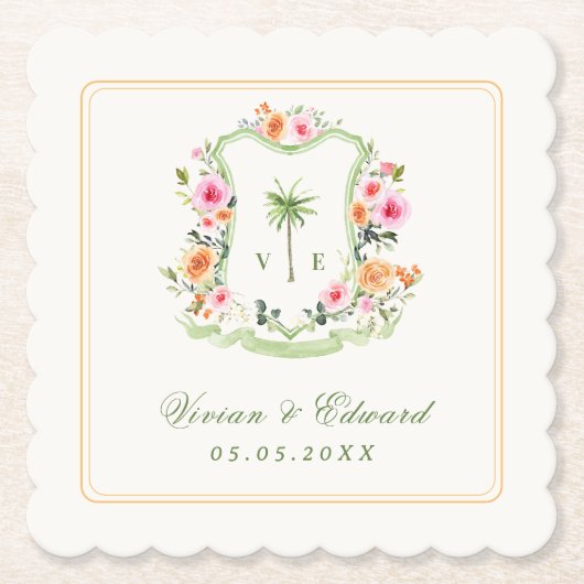 Tropical Palm Tree Monogram Summer Beach Wedding Untersetzer (Vorderseite)