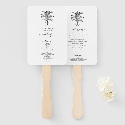 Tropical Palm Tree Monogram Wedding Program Fächer (Vorne und Hinten)