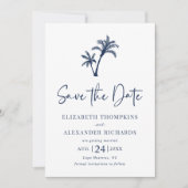 Tropical Palm Tree Navy Blue Beach Hochzeit Save The Date (Vorderseite)
