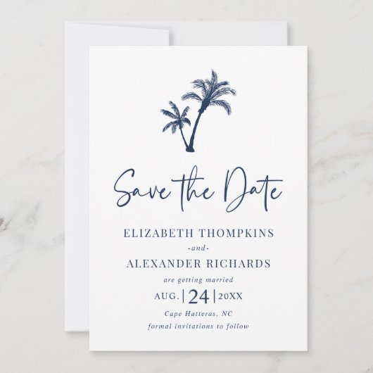 Tropical Palm Tree Navy Blue Beach Hochzeit Save The Date (Vorderseite)