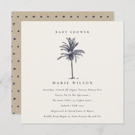 Tropical Palm Tree Navy Kraft Baby Dusche einladen Dankeskarte (Vorne/Hinten)