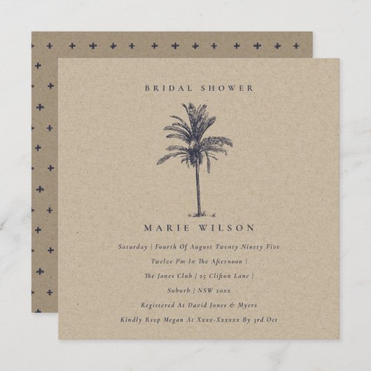 Tropical Palm Tree Navy Kraft Brautparty laden Dankeskarte (Vorne/Hinten)