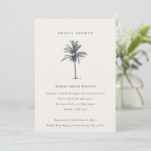 Tropical Palm Tree Navy Kraft Brautparty laden Dankeskarte (Stehend Vorderseite)