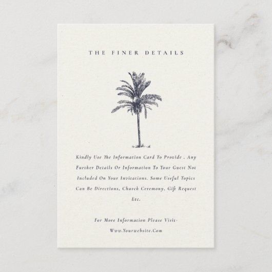 Tropical Palm Tree Navy Kraft Hochzeitsdetails Begleitkarte (Vorderseite)