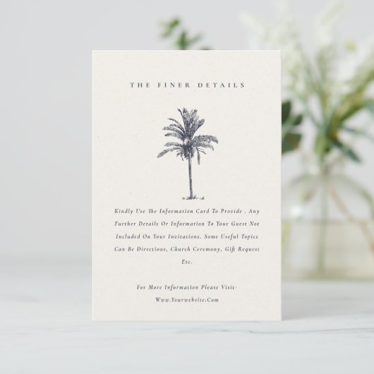 Tropical Palm Tree Navy Kraft Hochzeitsdetails Begleitkarte (Stehend Vorderseite)