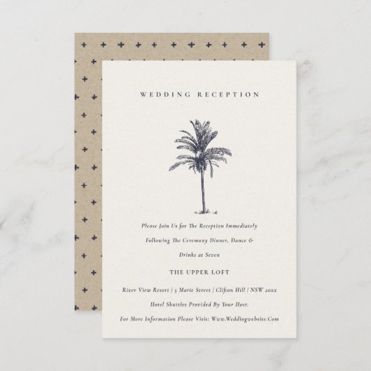 Tropical Palm Tree Navy Kraft Hochzeitsempfang Begleitkarte (Vorne/Hinten)