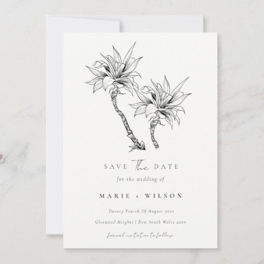 Tropical Palm Tree Navy Kraft Save the Date Dankeskarte (Vorderseite)