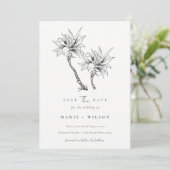 Tropical Palm Tree Navy Kraft Save the Date Dankeskarte (Stehend Vorderseite)