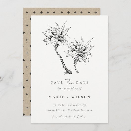 Tropical Palm Tree Navy Kraft Save the Date Dankeskarte (Vorne/Hinten)