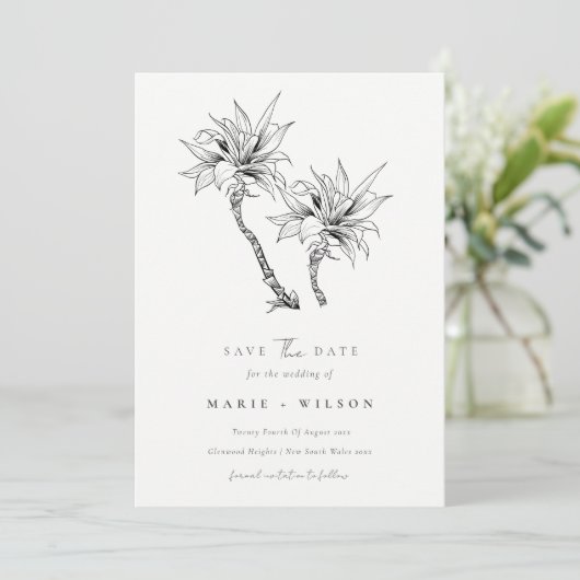 Tropical Palm Tree Navy Kraft Save the Date Einladung (Stehend Vorderseite)