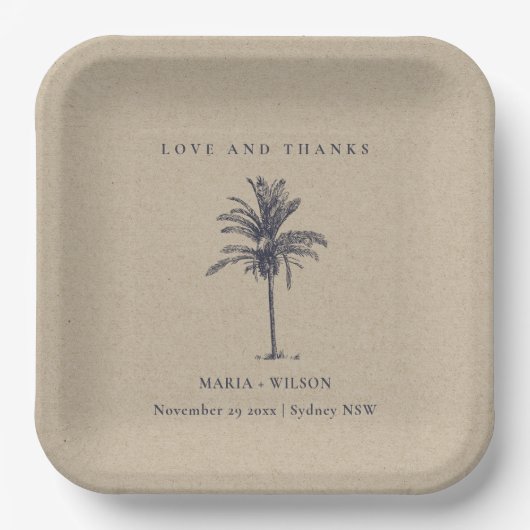 Tropical Palm Tree Navy Kraft Wedding Danke Pappteller (Vorderseite)