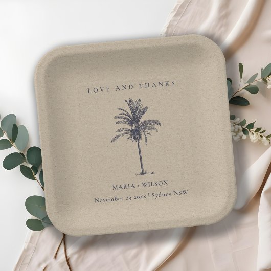 Tropical Palm Tree Navy Kraft Wedding Danke Pappteller
