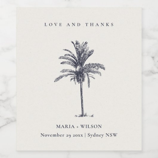 Tropical Palm Tree Navy Kraft Wedding Danke Weinetikett (Einzelnes Label)