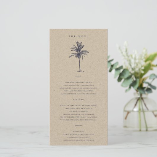 Tropical Palm Tree Navy Kraft Wedding Menu Card Dankeskarte (Stehend Vorderseite)