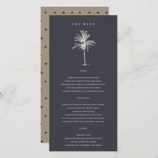 Tropical Palm Tree Navy Kraft Wedding Menu Card Dankeskarte (Vorne/Hinten)