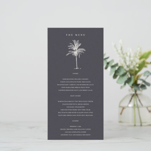 Tropical Palm Tree Navy Kraft Wedding Menu Card Dankeskarte (Stehend Vorderseite)