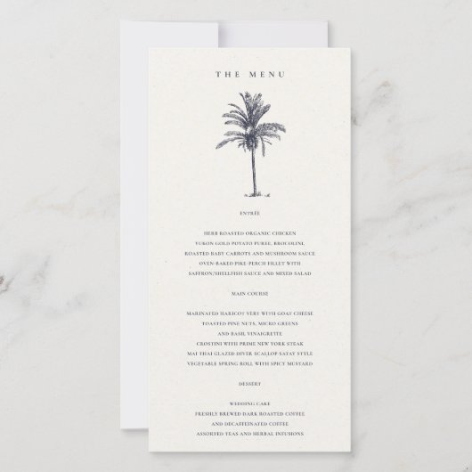 Tropical Palm Tree Navy Kraft Wedding Menu Card Dankeskarte (Vorderseite)