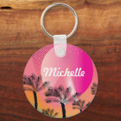Tropical Palm Tree Neon Pink Muster Name Schlüsselanhänger (Vorderseite)