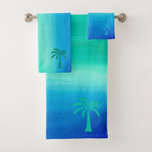 Tropical Palm Tree Ocean Blue Green Ombre Strand Badhandtuch Set (Insitu)