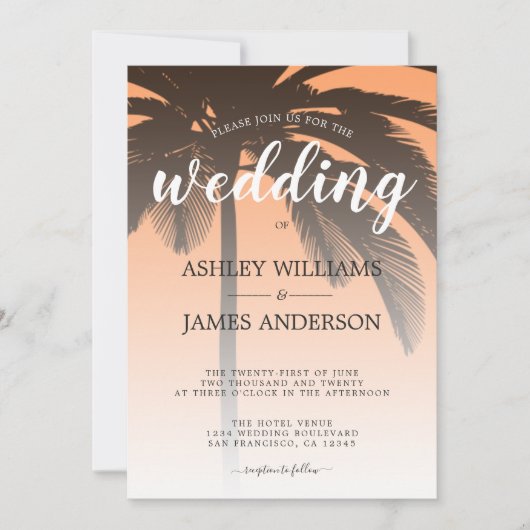 Tropical Palm Tree Orange Beach Wedding Einladung (Vorderseite)