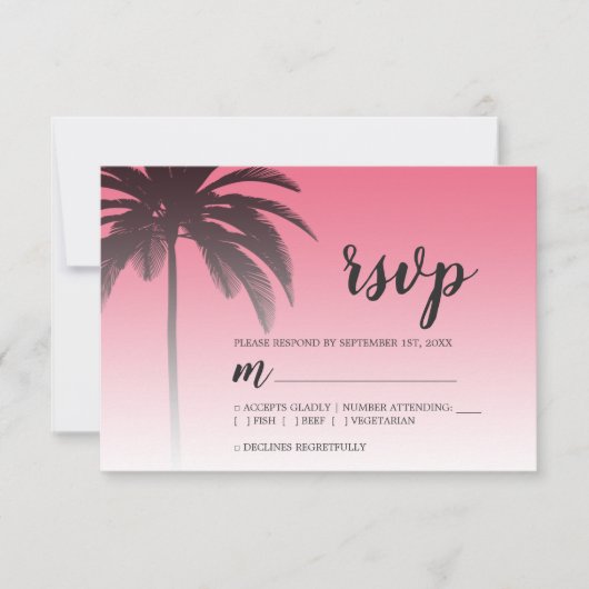 Tropical Palm Tree Pink Beach Hochzeit RSVP Karte (Vorderseite)