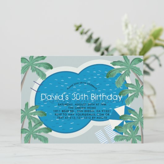 Tropical Palm Tree Pool Party Erwachsene Geburtsta Einladung (Stehend Vorderseite)