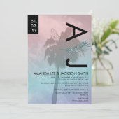 Tropical Palm Tree Realistic Pink Blue Wedding Inv Einladung (Stehend Vorderseite)