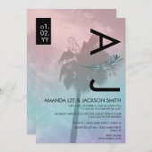 Tropical Palm Tree Realistic Pink Blue Wedding Inv Einladung (Vorne/Hinten)