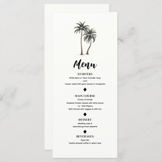 Tropical Palm Tree Rustic Coastal Wedding Menü Menükarte (Vorne/Hinten)
