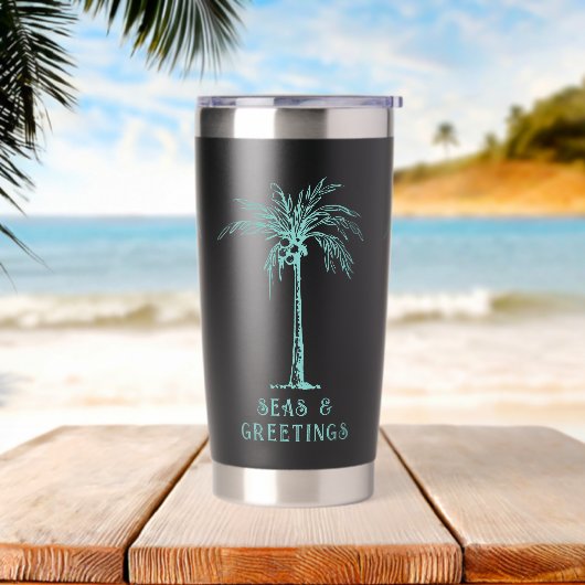 Tropical Palm Tree Seas and Greetings Christmas Thermobecher (Strand)