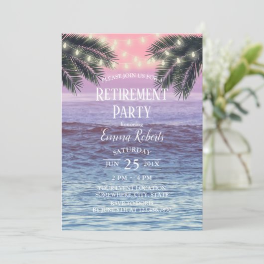 Tropical Palm Tree String Lights Beach Retirement Einladung (Stehend Vorderseite)