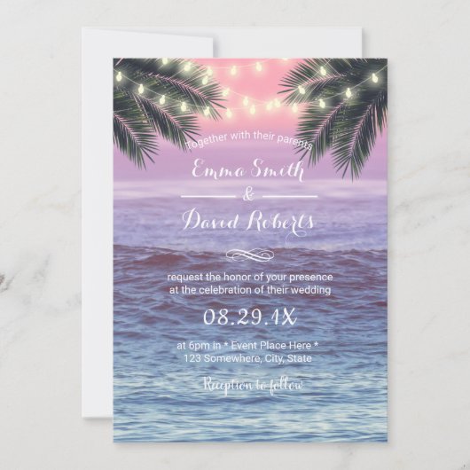 Tropical Palm Tree & String Lights Beach Wedding Einladung (Vorderseite)