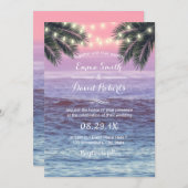Tropical Palm Tree & String Lights Beach Wedding Einladung (Vorne/Hinten)