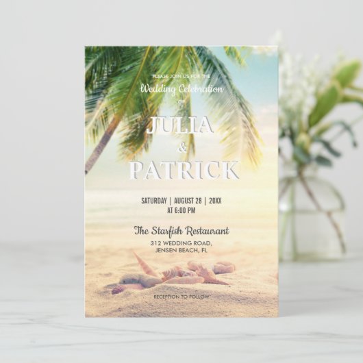 Tropical Palm Tree Summer Beach Hochzeit Einladung (Stehend Vorderseite)