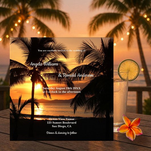 Tropical Palm Tree Sunset Beach Einladung