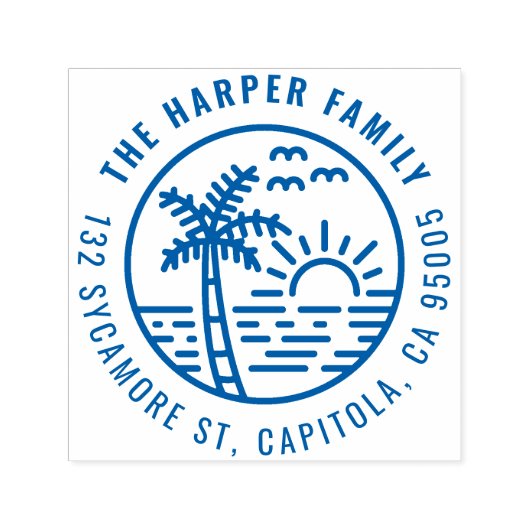 Tropical Palm Tree Sunset Family Rücksendeadresse Permastempel (Design)