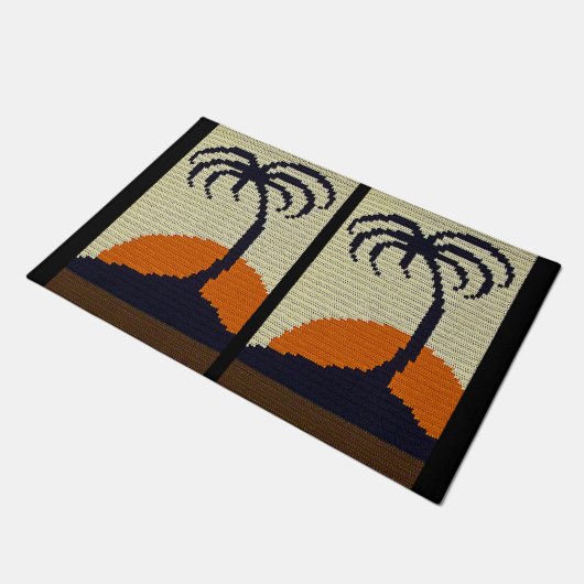 Tropical Palm Tree Sunset Natural Crochet Print on Fußmatte (Schrägansicht)