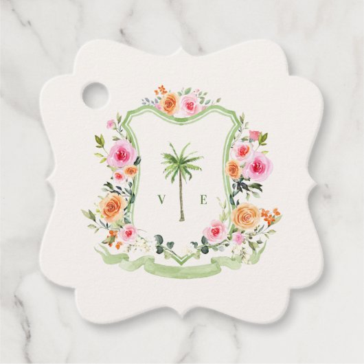 Tropical Palm Tree Wappen Monogram Beach Wedding Geschenkanhänger (Vorderseite)